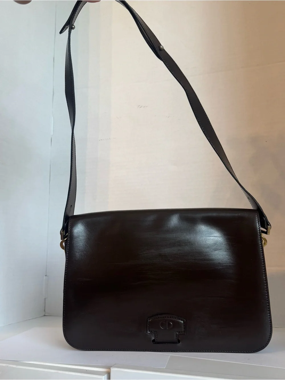 Authentic Christian Dior Large Shoulder Purse Bag Dark Brown Leather Structured